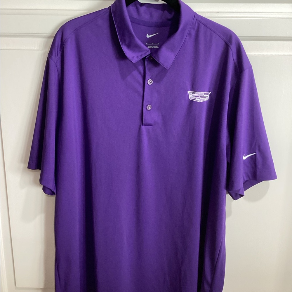 NIKE golf Cadillac polo shirt, vibrant purple, XL, NIKE swoosh on sleeve